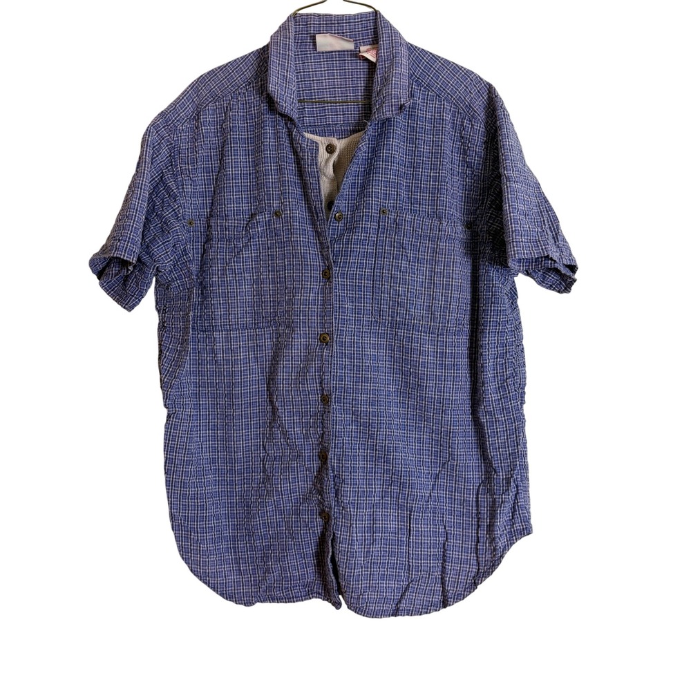 Faded Glory Woman Blue Plaid Seersucker Shirt Faux Layer Waffle Henley 14W 16W